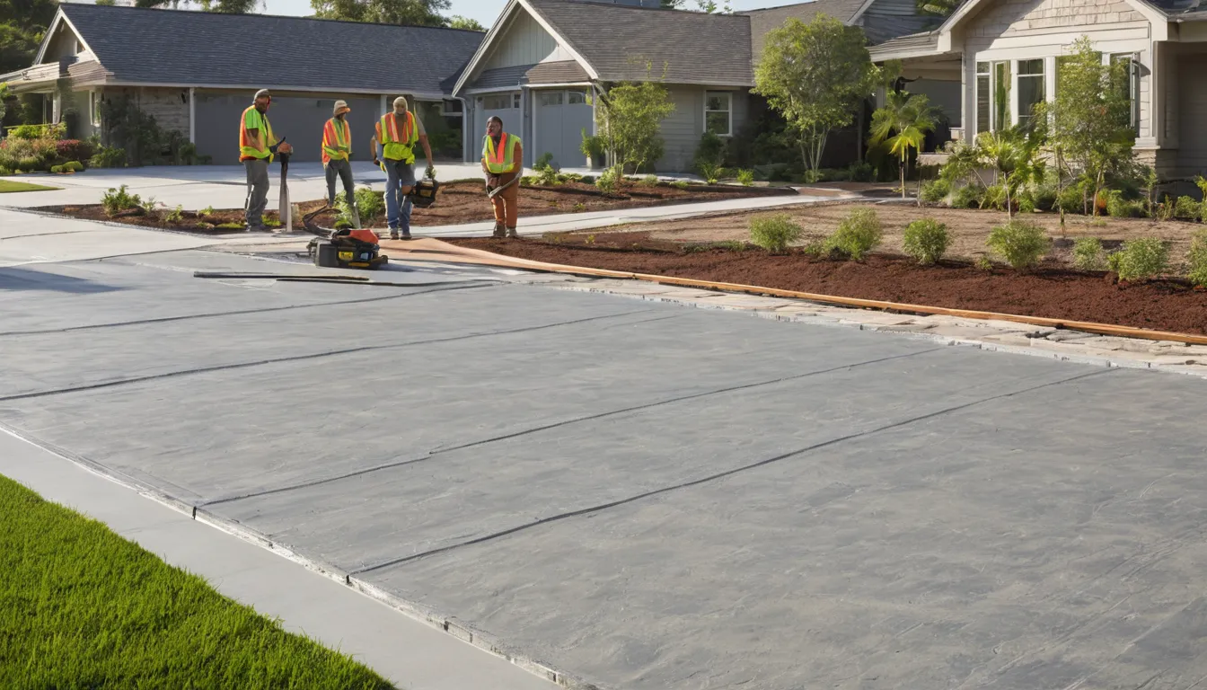 Fresh broom-finished concrete driveway beside a brick ranch home in the Kenner area